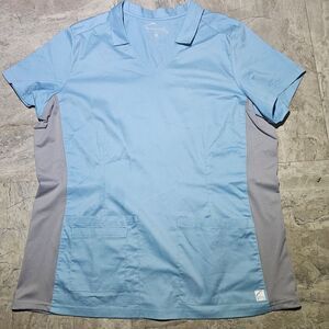 Butter-Soft Stretch Scrub Top Light Blue + Gray Womens Shirt Medical Uniform L